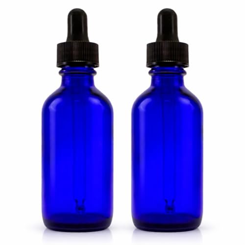 GreenHealth 2oz Cobalt Blue Glass Dropper Bottles – Pack of 2 – Refillable, UV Protection, BPA-Free, Travel Size – Ideal for Essential Oils, Serums, Tinctures, DIY Aromatherapy - size: 2 oz