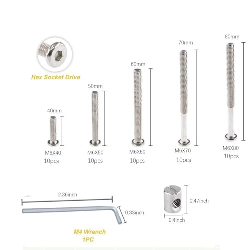 Baby Bed Frame Bolts, Crib Screws Hardware ReplacementKit M6x40/50/60/70/80mm Hex Drive Socket Cap Screws Barrel Nuts Wooden Dowel Kit for Beds Chairs Furniture et (50Set) - size: 50Set
