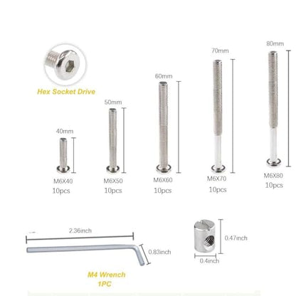 Baby Bed Frame Bolts, Crib Screws Hardware ReplacementKit M6x40/50/60/70/80mm Hex Drive Socket Cap Screws Barrel Nuts Wooden Dowel Kit for Beds Chairs Furniture et (50Set) - size: 50Set