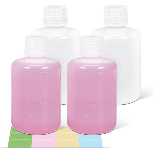 3.4oz/100ml Narrow Mouth Plastic Bottles with Caps, HDPE Laboratory Grade Graduated Liquid Containers for Reagent Sample Medicine Water Storage (Translucent, 4 Pcs) - size: 3.4 Ounces