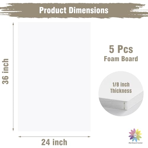 Mat Board Center 24x36 White Foam Boards Pack of 5, 1/8" Thick - color: White, size: 24x36