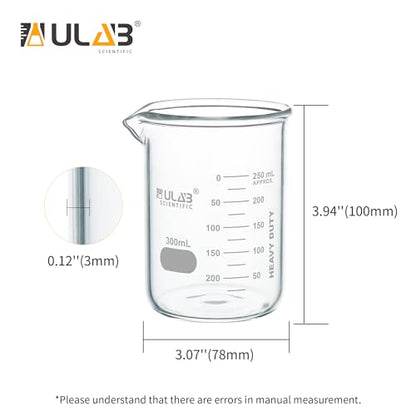 ULAB Scientific Glass Beakers, Vol. 300ml, 3.3 Borosilicate Griffin Low Form with Printed Graduation, Pack of 4, UBG1034 - style: Vol.300ml, Pack of 4