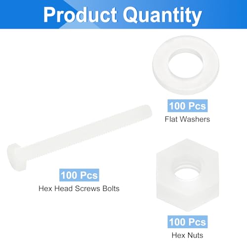 uxcell 300 Pcs/100 Sets Nylon Hex Bolts, M4 x 40mm Plastic Full Threaded Hex Head Screws Bolts and Nuts with Flat Washers for Machinery Electronics Industrial Accessories, White - size: M4 x 40mm