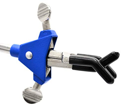 EISCO 3 Finger, Vinyl Coated Dual Adjustable Extension Clamp on Stainless Steel Rod - 2.3" Max Clamp Opening, 5" Rod - Powder Coated Zinc Alloy - Research, Industrial Laboratory Grade