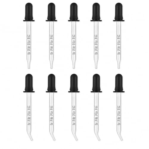 10 Pack Glass Eye Dropper, 1 ml Pipette Dropper with Clear Scale, Bent & Straight Tips for Essential Oils, Crafts, Lab, Liquid Measuring & Transferring – Natural Rubber Bulb