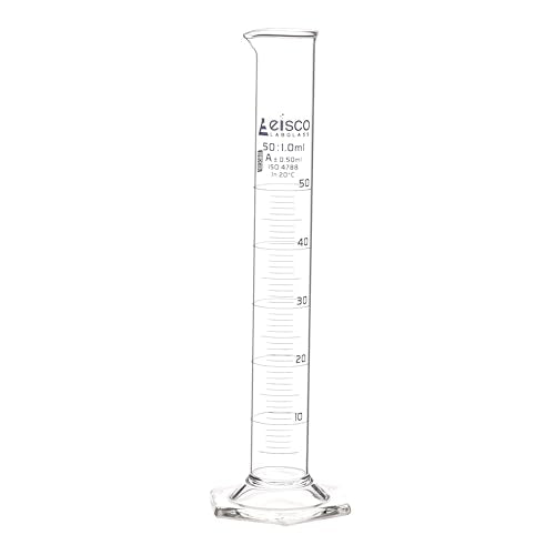Graduated Cylinder, 50ml - Class A Tolerance ±0.50ml - Hexagonal Base - Blue Graduations - Borosilicate 3.3 Glass - Eisco Labs - size: 50mL