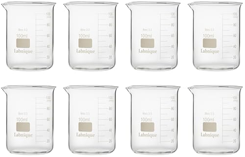 Labnique Borosilicate 3.3 Glass Griffin Beaker, Low Form Beaker with Printed Graduation (100ml x8) - size: 100ml x8