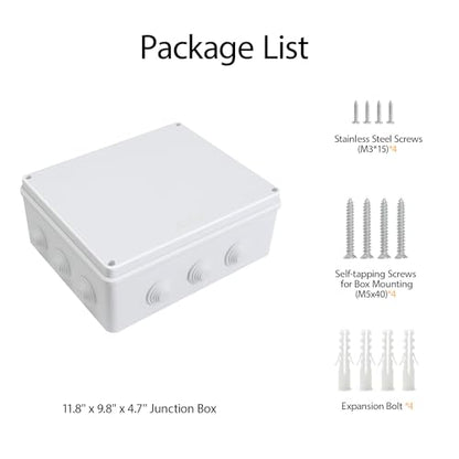 LeMotech ABS Plastic Dustproof Waterproof IP65 Junction Box Universal Electrical Project Enclosure White 11.8 x 9.8 x 4.7 inch (300 x 250 x 120 mm) - size: 11.8" x 9.8" x 4.7" (1pc)