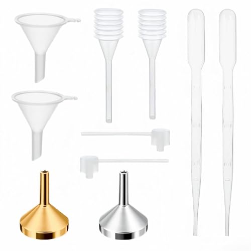 10Pcs Mini Funnels Sets, Plastic Small Aluminium Funnels with Mini Plastic Dropper Pipette Dispenser for Filling Tiny Bottles, Crafts, Sand, Essential Oils, Cosmetics (Gold Silver) - color: Gold Silver