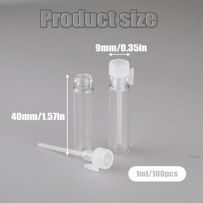 100PCS Empty Perfume Sample Bottles, Transparent Clear 1ml 1/4 Dram Empty Glass Sample Vials, Mini Glass Refillable Samples Vial Containers with Clear Cap for Aromatherapy, Essential Oil, Fragrance