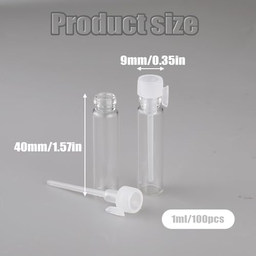 100PCS Empty Perfume Sample Bottles, Transparent Clear 1ml 1/4 Dram Empty Glass Sample Vials, Mini Glass Refillable Samples Vial Containers with Clear Cap for Aromatherapy, Essential Oil, Fragrance