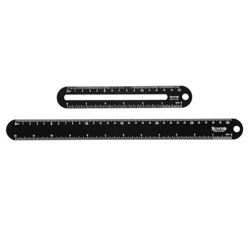 HARFINGTON 2pcs Metal Straight Ruler 12"+6" Metric SAE Black - color: Black