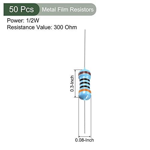 YOKIVE 50 PCS Metal Film Resistors, 300 Ohm Resistor with 1/2W 1% Tolerance, Lead, Good for DIY Electronic Projects (5 Color Bands, 9±1mm) - size: 9±1mm, style: 300