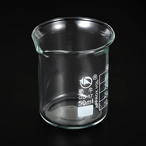 PATIKIL 50ml Low Form Glass Beaker, 3.3 Borosilicate Glass Graduated Printed Scale Measuring Cups with Spout for Kitchen Lab Liquids Transit Boiling - size: 50ml