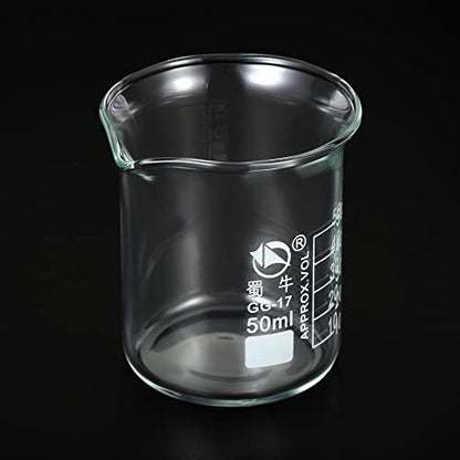 PATIKIL 50ml Low Form Glass Beaker, 3.3 Borosilicate Glass Graduated Printed Scale Measuring Cups with Spout for Kitchen Lab Liquids Transit Boiling - size: 50ml