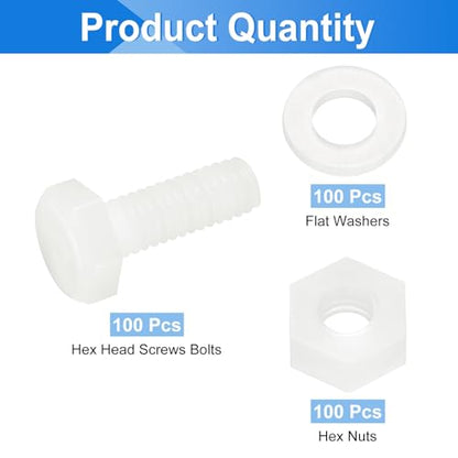 uxcell 300 Pcs/100 Sets Nylon Hex Bolts, M4 x 12mm Plastic Full Threaded Hex Head Screws Bolts and Nuts with Flat Washers for Machinery Electronics Industrial Accessories, White - size: M4 x 12mm