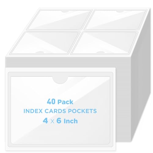 40 Pack Clear Self-Adhesive Pockets, 4" x 6" Index Card Pockets With Top Open Loading, PVC Label Holders for Organizing storage bins, Library Card, Drawer, and Protecting Your Cards - size: 4" x 6", style: 40 Pack