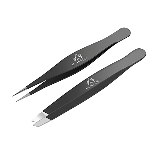 Majestic Bombay Precision Tweezers Set, Fine Point, Slant, Women and Men - color: Black