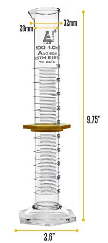 Graduated Cylinder, 100mL - ASTM, Class A Tolerance ±0.50mL - Protective Collar, Hexagonal Base - White Graduations - Borosilicate 3.3 Glass - Eisco Labs - size: 100mL
