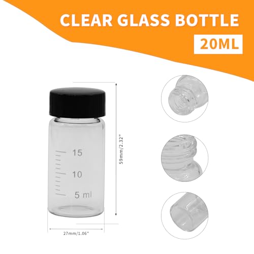 10pcs 20ml/5 Dram Little Clear Glass Bottle Vials with Black Screw Cap, Small Graduated Sample Container, Empty Leak-Proof Storage Test Vials for Sample Capture and Storage - color: Transparent & Black, size: 20ml