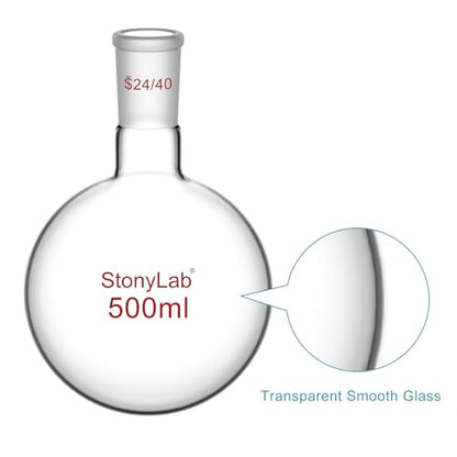 StonyLab Glass 500ml Heavy Wall Single Neck 1 Neck Round Bottom Flask RBF, with 24/40 Standard Taper Outer Joint – 500ml - size: 500 ml