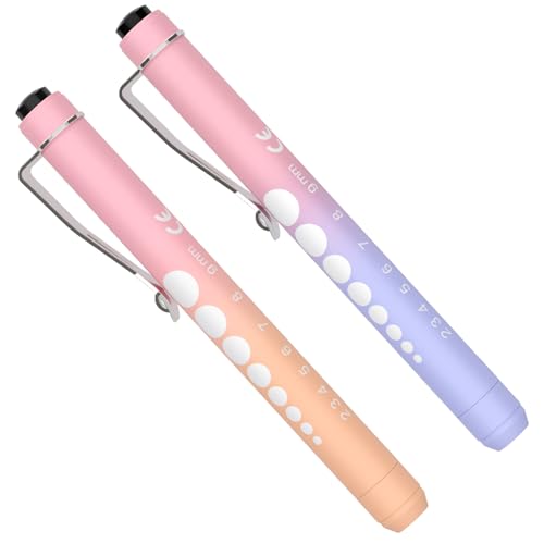 RISEMART 2 Pack Pen Lights for Nurses, Reusable Medical Light with Pupil Gauge and Ruler, White Light LED Penlight for Student Doctors - color: Pink+Purple