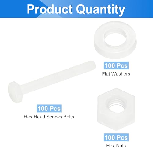 uxcell 300 Pcs/100 Sets Nylon Hex Bolts, M3 x 25mm Plastic Full Threaded Hex Head Screws Bolts and Nuts with Flat Washers for Machinery Electronics Industrial Accessories, White - size: M3 x 25mm