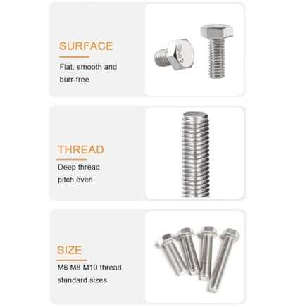2-Pack M10 x 130mm Hexagon Screws Hex Bolts with M10 Hex Nuts Flat Washers/Spring Lock Washers Set, 304/18-8, Plain Finish - size: 2-Pack M10 x 130mm