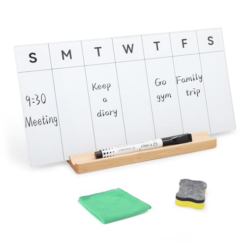 Desktop Glass Weekly Whiteboard with Detachable Wood Stand Weekly Dry Erase Board Weekly Calendar Whiteboard Weekly Planner to Do List White Board Desk Planner 11.8x5.86 for Office, Home, School - color: Beech-white-weekly Calendar Whiteboard