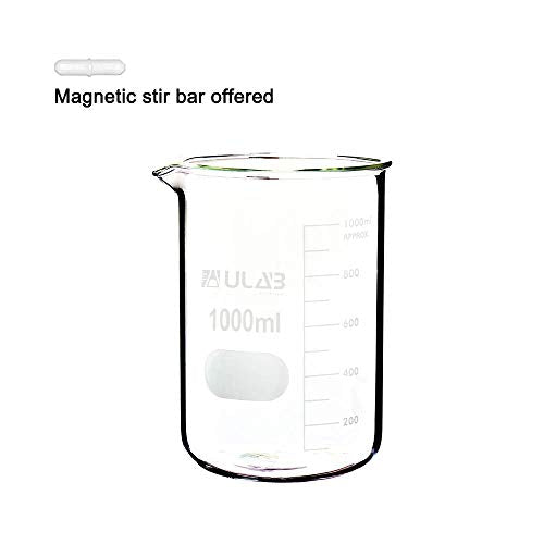 ULAB Scientific Griffin Low Form Glass Beaker, Vol.1000ml, 3.3 Borosilicate Glass, Printed Graduation, UBG1005 - style: 1000ml with Magnetic Stir Bar