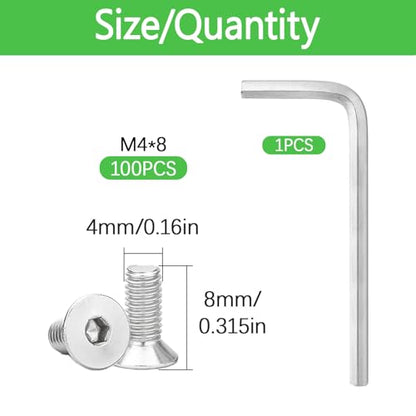 100Pcs M4x8mm Stainless Steel Flat Head Socket Cap Screws, Full Thread Allen Drive Countersunk Bolts, Bright Finish, Ideal for DIY & Home Repair - size: M4x8