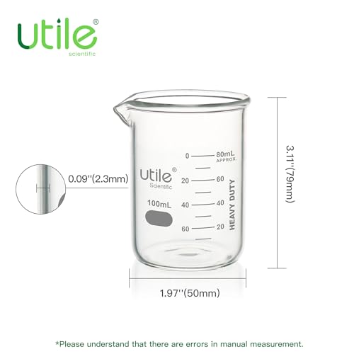 Utile 100ml Beaker Set, 4pcs of 3.4oz Upgraded Thickening Glass Beakers, Low Form Chemical Lab Beakers, Borosilicate 3.3 Glass with Printed Graduation, 4000.0100.4 - style: 100 ml (4pcs)