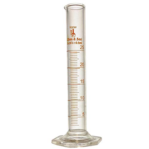 25ml Graduated Cylinder, Borosilicate 3.3 Glass, Single Metric Scale, Class B, Karter Scientific 233B3 (Pack of 6) - size: 25ml, style: Pack of 6