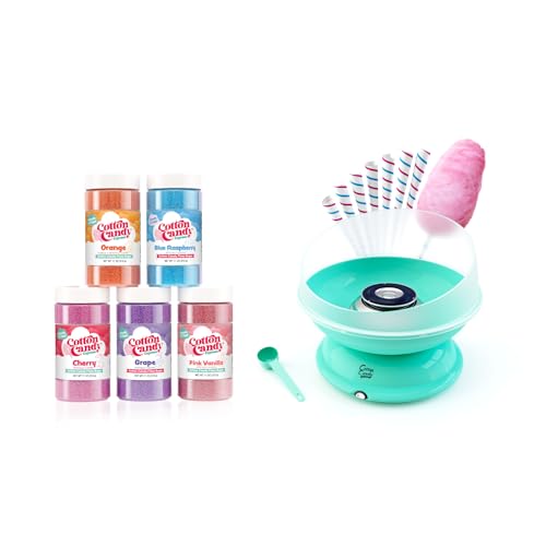 Cotton Candy Express BB1000-S Cotton Candy Machine, with 5-11oz. Jars of Cherry, Grape, Blue Raspberry, Orange, Pink Vanilla Floss Sugar & 50 Paper Cones Easy to Use and Clean - color: Teal Machine with 5 Flavors