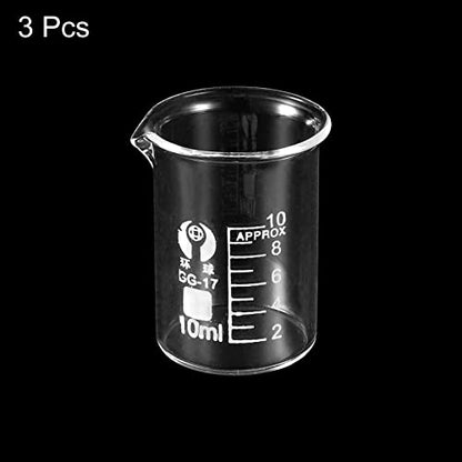 PATIKIL 3Pcs 10ml Low Form Glass Beaker, 3.3 Borosilicate Glass Graduated Printed Scale Measuring Cups with Spout for Kitchen Lab Liquids - size: 10ml