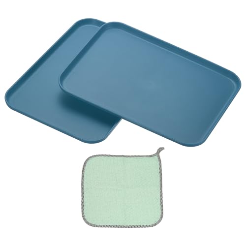 PATIKIL 12x8.7 Plastic Tray, 2 Pack Rectangular Plates Small Food Tray Wheat Plates Dishes Reusable Dessert Plate Trays with Cloth for Cake Fruits Salad Cupcake Steak Serving Dark Blue - color: Dark Blue, size: M(12"x8.7")
