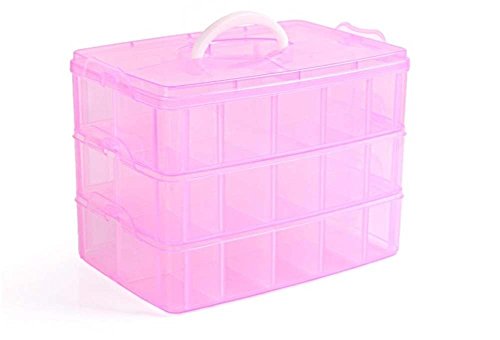 Kamay's 3-Tier Transparent Stackable Adjustable Compartment Slot Plastic Craft Storage Box Organizer Snap-Lock Tray Container 3 Sizes 4 Candy Colors Available (Extre Large 30 Compartment, Red) - color: Extre Large 30 Compartment, Red
