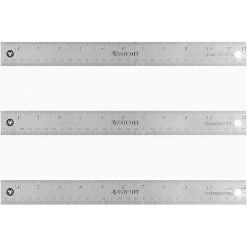 Westcott Stainless Steel Ruler Set with Non-Slip Cork Backing, Easy to Read Etched Markings, Flexible and Sturdy Design, for Crafting, Office, Classroom, Back to School Supplies, 12-Inch, 3 Pack - color: Silver – 3 Pack