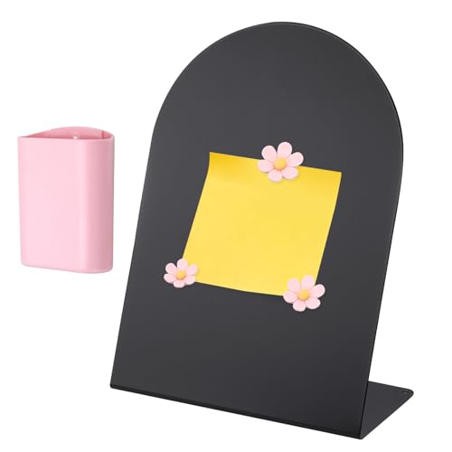 PATIKIL Magnetic Bulletin Board, Memo Magnet Display Stand Board with 3 Flower Magnets & Pen Holder for Home Office Kitchen Restaurant Cafe Supplies, Black/Pink - color: Black/Pink