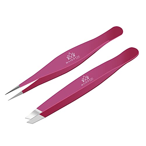 Majestic Bombay Precision Tweezers Set, Fine Point, Slant, Women and Men - color: Pink