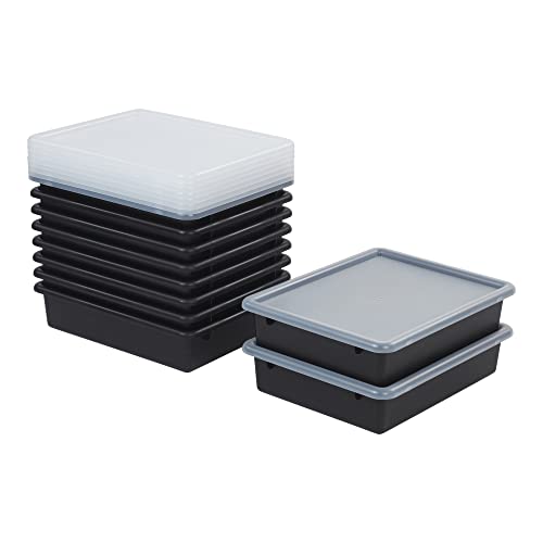 ECR4Kids Letter Size Plastic Tray Organizer with Lids, Small, Storage Bins, Black, 10-Piece - color: Black