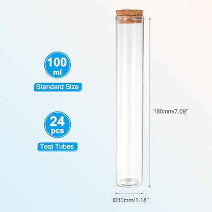 PATIKIL 100ml Test Tubes, 24pcs 7.09x1.18 Glass Clear Flat Bottom Test Tube Containers with Cork Stopper for Bead Party Candy Bath Salt Storage Scientific Experiment Plant Propagation - size: 100ml