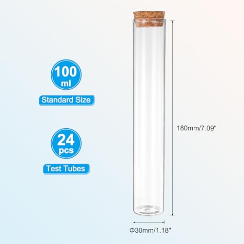 PATIKIL 100ml Test Tubes, 24pcs 7.09x1.18 Glass Clear Flat Bottom Test Tube Containers with Cork Stopper for Bead Party Candy Bath Salt Storage Scientific Experiment Plant Propagation - size: 100ml