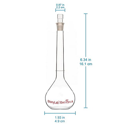 stonylab Glass Volumetric Flask Class A with Glass Stopper, Borosilicate Glass Heavy Wall Volumetric Flask Tolerance ±0.05 ml, 50 ml - size: 50 ml
