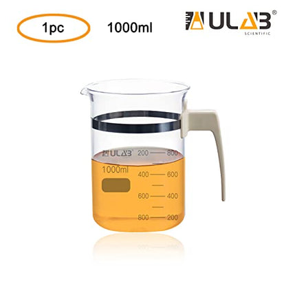 ULAB Glass Beaker with Handle, Vol. 1000ml, 3.3 Borosilicate Griffin Low Form with Printed Graduation, Double Scale, UBG1051 - style: Vol.1000ml with handle