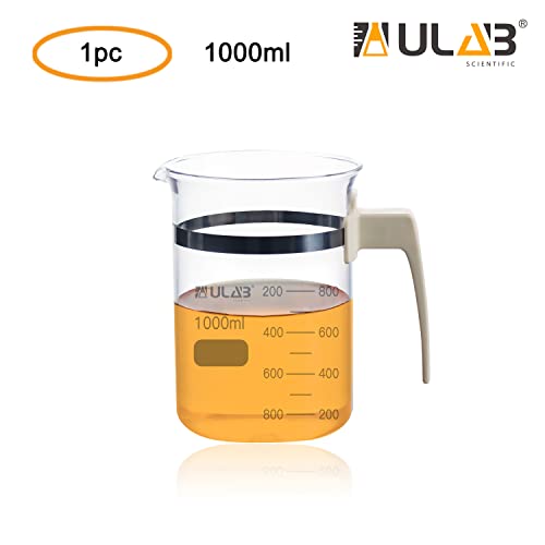 ULAB Glass Beaker with Handle, Vol. 1000ml, 3.3 Borosilicate Griffin Low Form with Printed Graduation, Double Scale, UBG1051 - style: Vol.1000ml with handle