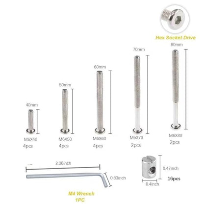 Baby Bed Frame Bolts, Crib Screws Hardware ReplacementKit M6x40/50/60/70/80mm Hex Drive Socket Cap Screws Barrel Nuts Wooden Dowel Kit for Beds Chairs Furniture et (16Set) - size: 16Set