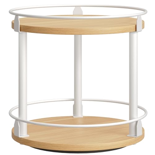 YATINEY Lazy Susan Organizer, Rotating Spice Rack, 2 Tier Spice Turntable Organizer, Industrial Turntable Spice Holder, for Kitchen Countertop, Compact and Versatile, White and Natural SR22WN - color: White + Natural, size: 10.2"L x 10.2"W x 11"H