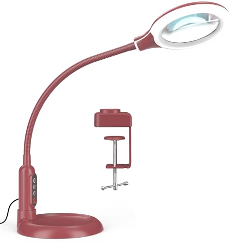 10X Magnifying Glass with Light and Clamp, 5 Color Modes Stepless Dimmable Lighted Magnifier with Stand, Flexible Gooseneck LED Desk Lamp Hands Free for Craft Painting Hobby Close Work - Red - color: Red, size: 10X