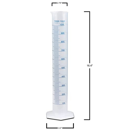 1000ml Plastic Graduated Cylinder, Printed and Molded Graduations, Single Metric Scale, Polypropylene, Karter Scientific 237O1 (Case of 6) - size: 1000ML, style: PACK OF 6